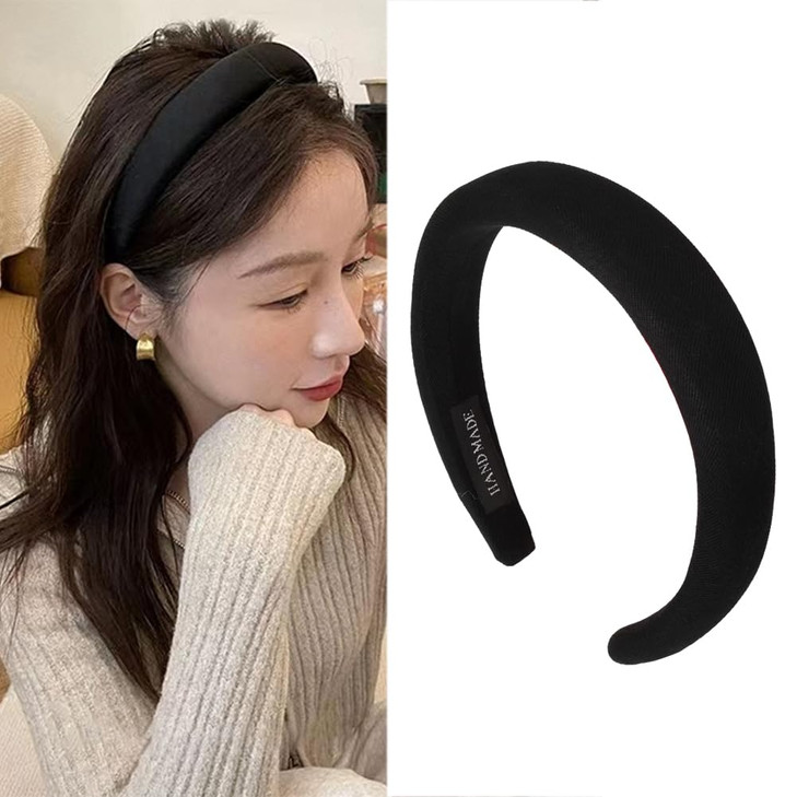 Black Padded Headband for Women Wide Simple Soft Satin Hair Hoop for Girls and Teens No Teeth Thick Head Accessory