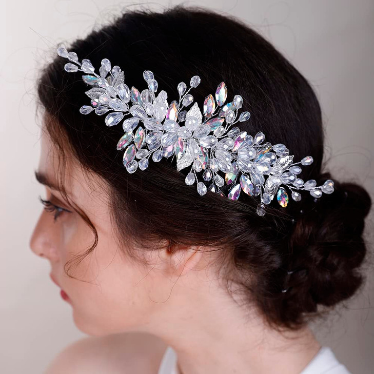 BERYUAN AB Color Leaf Crystal Bridal Headpiece with Hair Accessories for Women and Girls Hair Comb with Crystals