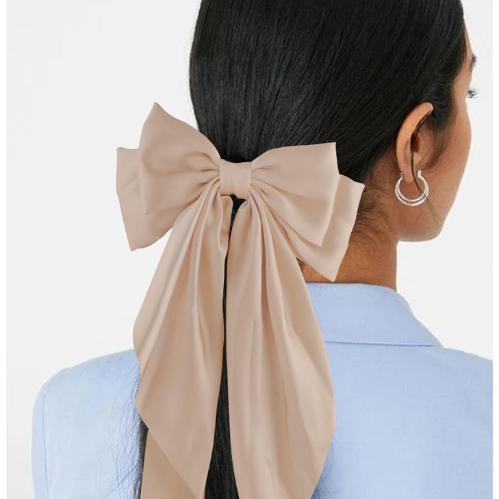 3Pcs Silky Satin Hair Bows for Women Large Hair Barrettes French Cute Hair Clips with Long Tails Mexican Accessories Bei