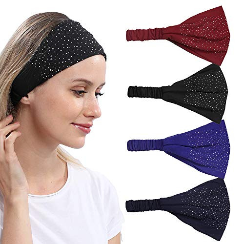 DINPREY Rhinestone Dots Wide Bandana Headband Womens Twisted Solid Diamond Workout Yoga Makeup Head Wrap 4 Pcs