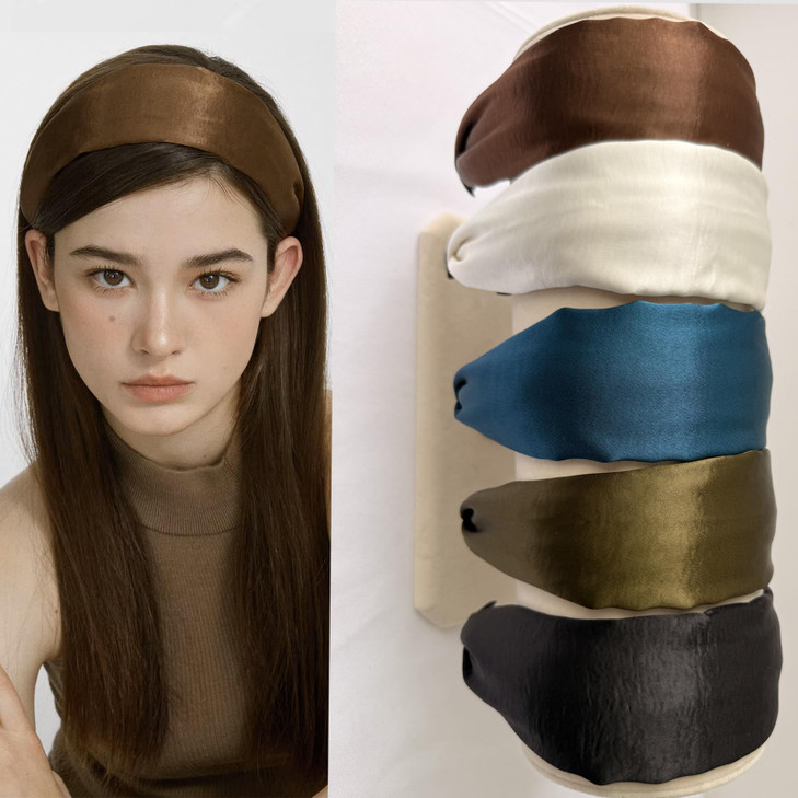 LONEEDY 5 Pack Wide Satin Hard Headband for Women Girlss Hair Band Silk Fabric Hair Hoop Accessories Mixed colors D