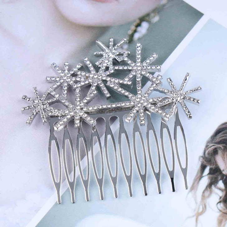 Iaceble Rhinestone Hair Comb Pin Silver Snow Hair Side Comb Crystal Weddings Headpieces Chirstmas Cz Snowflake Hair Piec