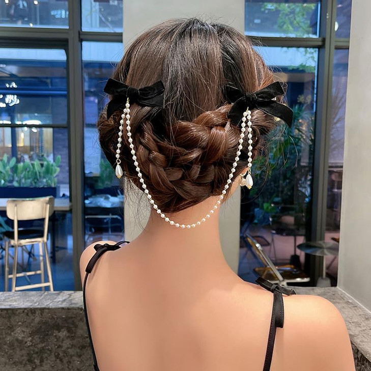 Velvet Bow Hair Clips Pearl Tassel Chain Hair Bow Barrettes Black Bows Claw Clip Hairpins Sweet Bowknot Snap Hair Clip S