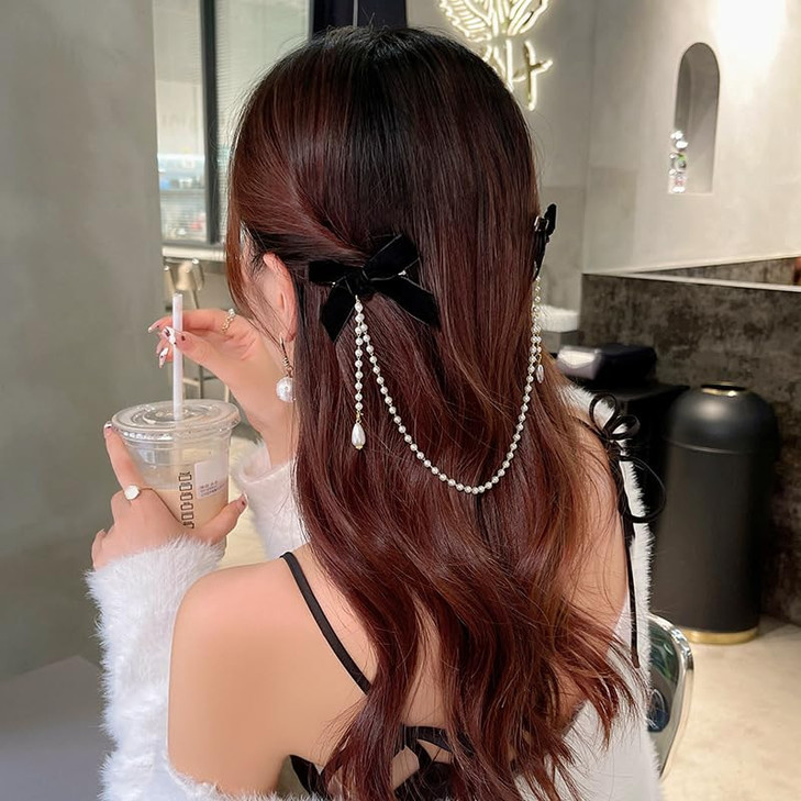 Velvet Bow Hair Clips Pearl Tassel Chain Hair Bow Barrettes Black Bows Claw Clip Hairpins Sweet Bowknot Snap Hair Clip S