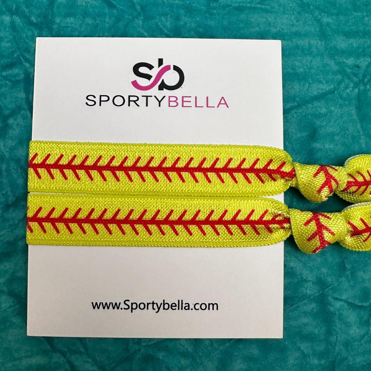 Softball Hair Ties Sportybella No Crease Ponytail Holders Pack of 5 Yellow with Red Stitch Design Team Gifts Party Favor