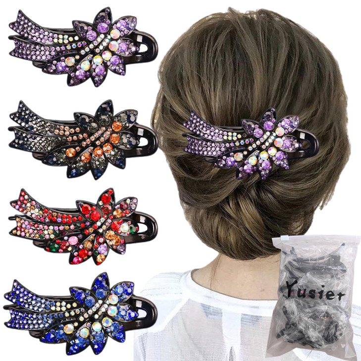 Yusier 4 Pack Gorgeous Crystal Hair Accessories Hair Clips Duckbill Clips Ponytail Rhinestone Flower Styling Hair Clips