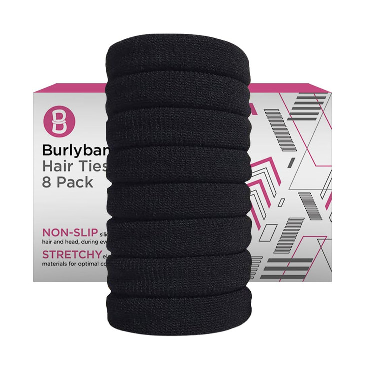 Burlybands Large Hair Ties for Thick Heavy or Curly Hair NonSlip NonDamage Seamless Womens Ponytail Scrunchies Black 8 P
