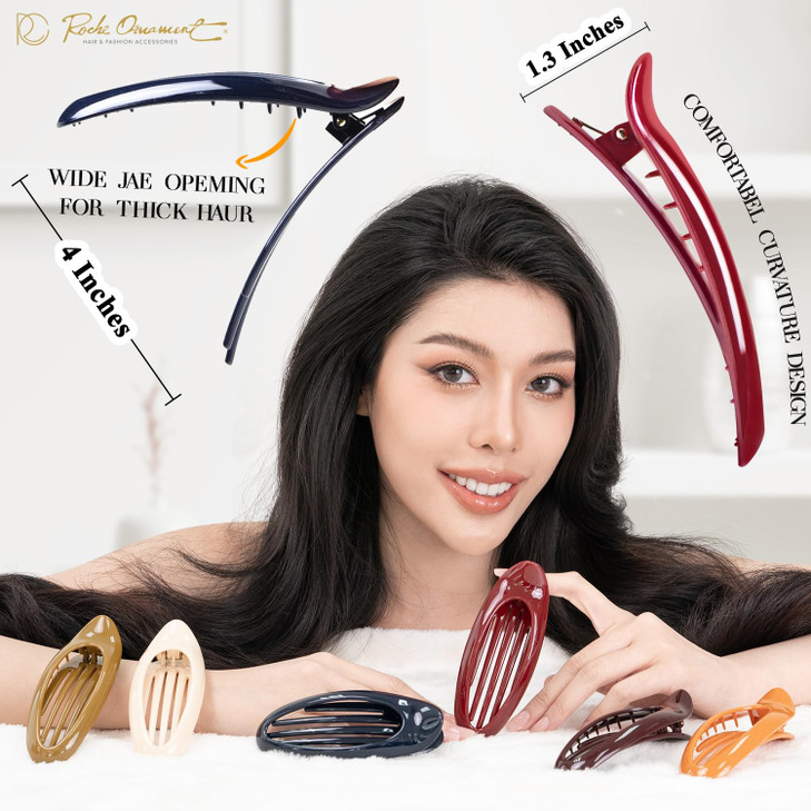 RC ROCHE ORNAMENT 6 Pcs Lay Flat Claw Hair Clips Women Curved Side Opening Slide Comb Strong Hold No Slip Grip Alligator