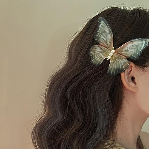 Jumwrit 2pcs Butterfly Hair Clips Boho Big Pearl Green 3D Moving Wings Butterfly Hair Barrette Hair Clips Strong Hold Fa