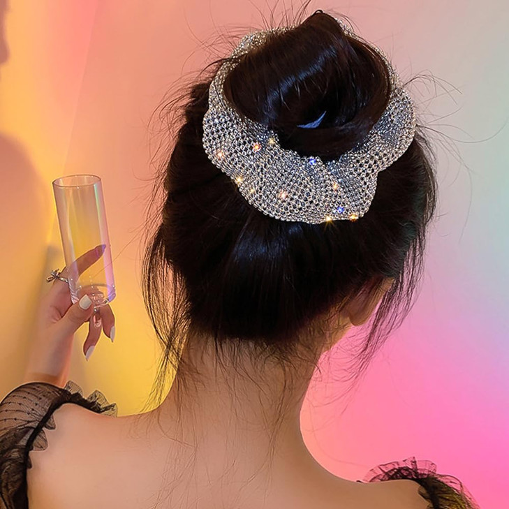 Jumwrit Sparkle Silver Rhinestone Hair Scrunchy Long Ponytail Holder Large Hair Tie Non Slip Elastic Hair Band Fashion S