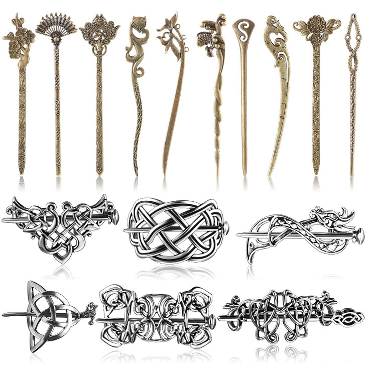 WILLBOND 16 Pieces Vintage Silver Celtic Hair Slide Chinese Vintage Bronze Hair Chopstick Barrettes Antique Pin for Diy