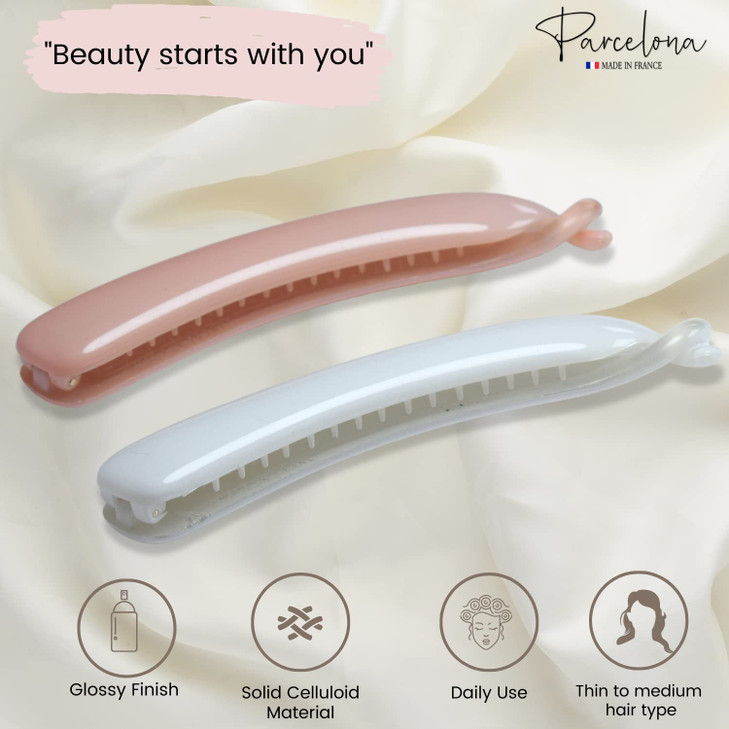 Parcelona French Small 3 Celluloid Set of 2 French Banana Hair Clip Flexible Ponytail Holder Fashion Durable Styling Wom