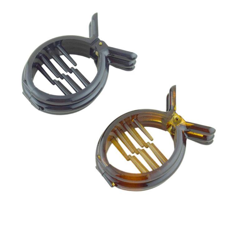 Parcelona French Round Inner Teeth Tortoise Shell and Black Cellulose Set of 2 Hair Clips for Women