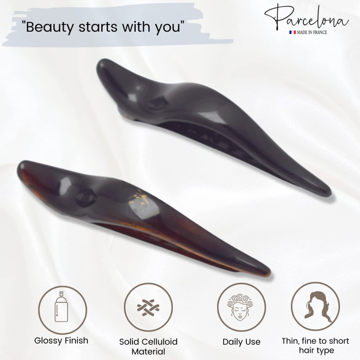 Parcelona French Brill Beak Small Set of 2 Alligator Side Slide Jaw Hair Claw Clips Made in France BlackTortoise Shell