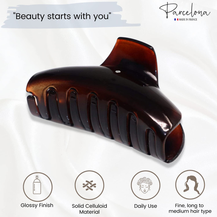 Parcelona French Elegant Medium Tortoise Shell Brown Celluloid Acetate Covered Spring Jaw Hair Claw Clip with Crystal Cl