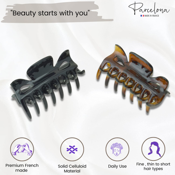 Parcelona French Classic Small 25 Celluloid Set of 2 Jaw Hair Claw Clips for Women and Girls Tortoise Shell and Black