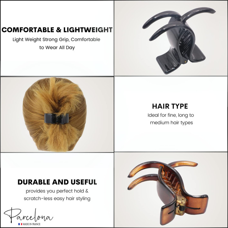 Parcelona French Small Three Teeth Pony Fish Style Strong Grip Jaw Hair Claw Clip Clamp Tortoise Shell and Black