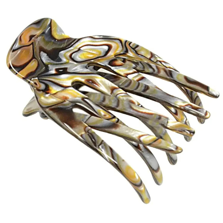 French Amie Bear Paw Small 2 Onyx Silver Grey Celluloid Handmade Salon Hinge Side Slide Yoga Jaw Hair Claw Clip
