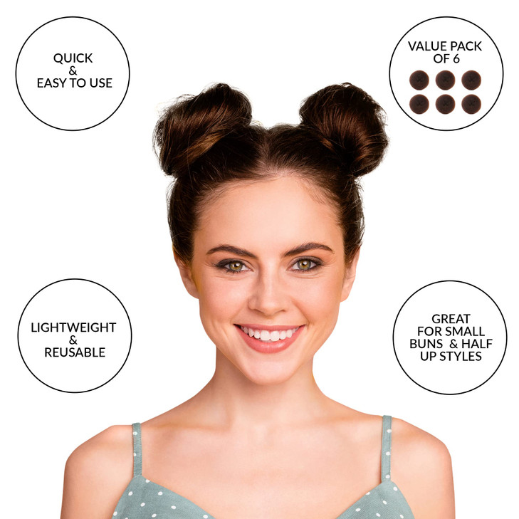 Styla Hair Small Donut Bun Maker for Kids Hair Buns Easy Ballet and Sock Buns 6pc Brown 2 Inch Size