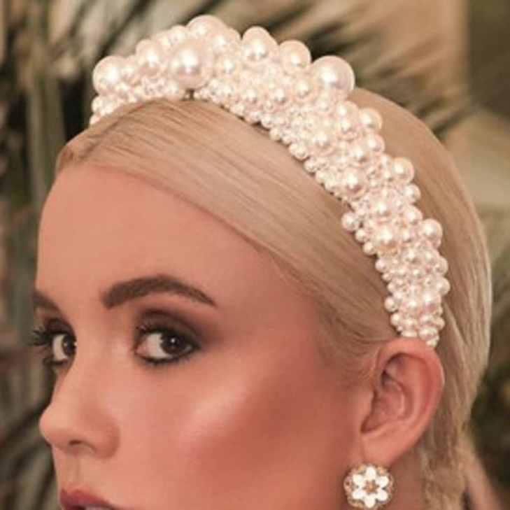 Wiwpar Pearl Headbands Wide Hair Hoop with Pearls Elegant White Pearl Head Band Headwear Bridal Hair Hoop Party Wedding