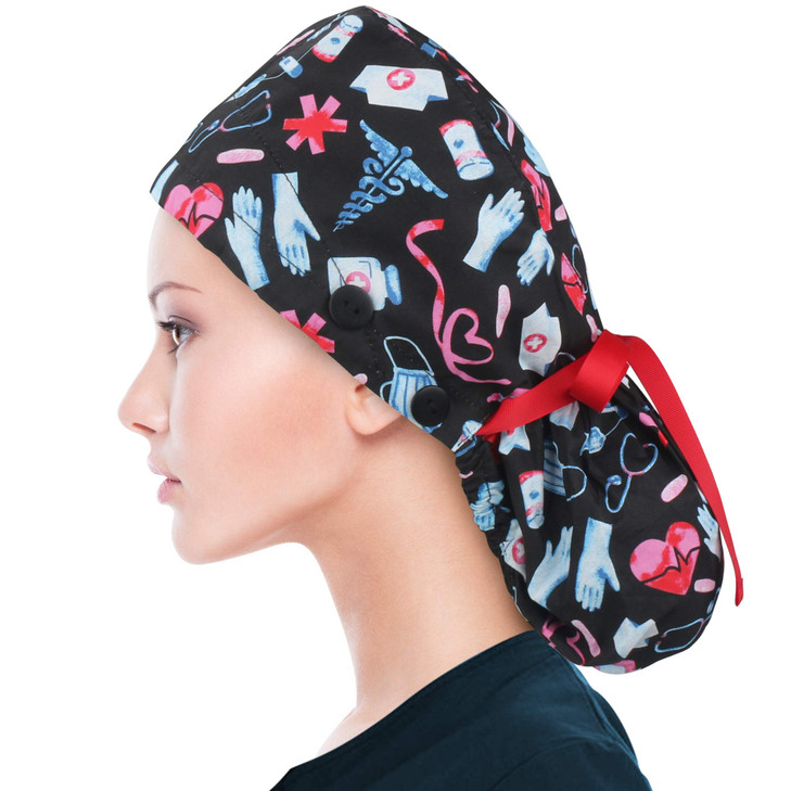ABAMERICA Scrub Caps for Women Surgical Caps Nurse Hat Functional Ponytail Holder for Long Hair Single or SatinLined