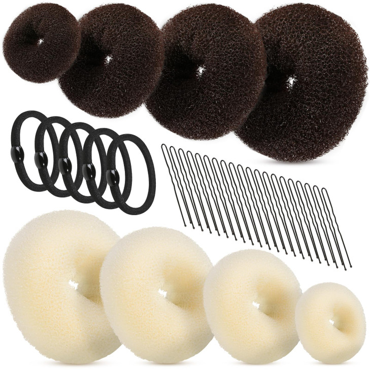 FANDAMEI Hair Donut Bun Makers Set 4 Dark Brown 4 Beige 2 ExtraLarge 2 Large 2 Medium 2 Small 5 Elastic Bands 20 Hair Pi