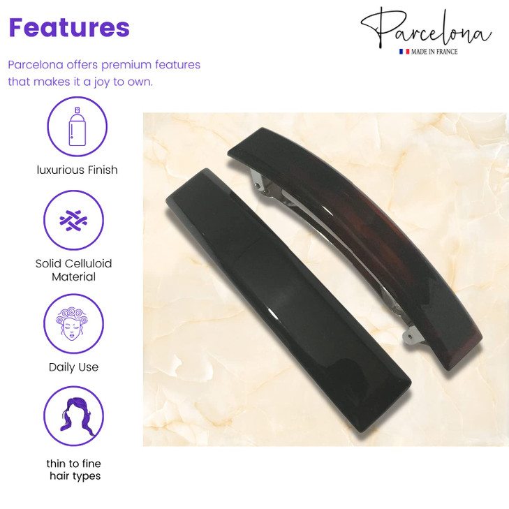 Parcelona French Bar Set of 2 Black and Shell Brown Celluloid Automatic Strong Hold Grip Hair Clips for Women No Slip Du