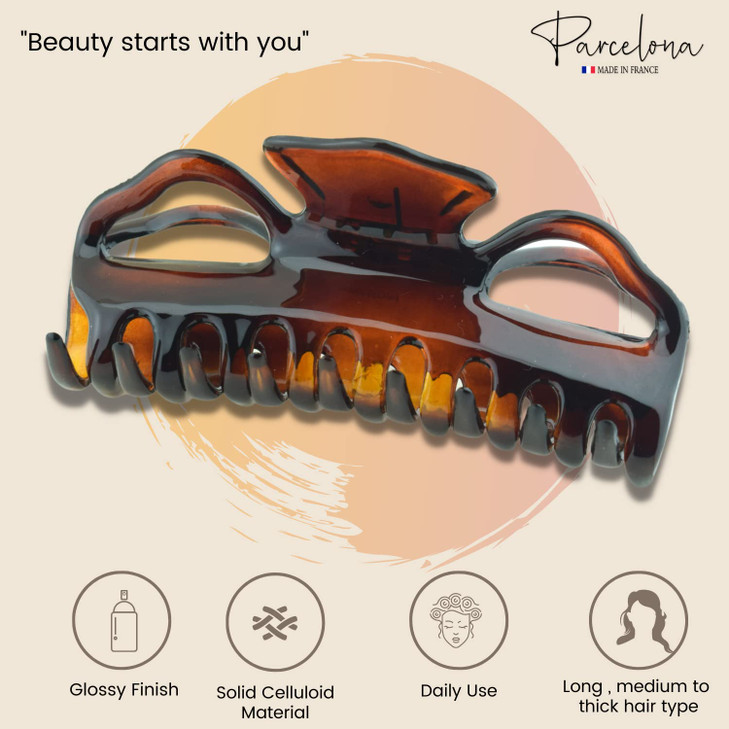 Parcelona French Large Claw Clip Tortoise Shell Celluloid Acetate No Slip Grip Big Claw Clips for Thick Hair Women Hair
