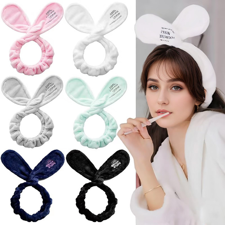 Linsiter Headband Wire Rabbit Ear Facial Washing Coral Fleece Bathroom Headband Soft Spa Hairband for Washing Face White