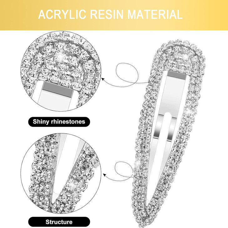 LLSME 5Pcs Rhinestone Snap Hair Clips Water Drop Crystal Snap Hair Barrettes Glitter Shining Metal Snap Hair Clips Glitt