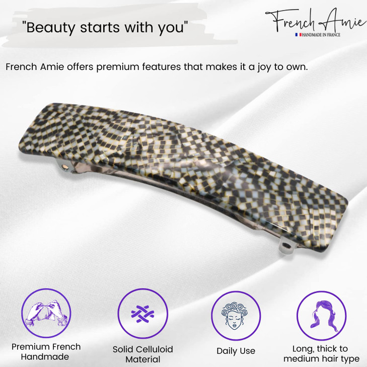 French Amie Oblong Handmade 35 Celluloid Automatic Hair Clip Barrette for Girls Strong Hold Hair Clips for Women No Slip