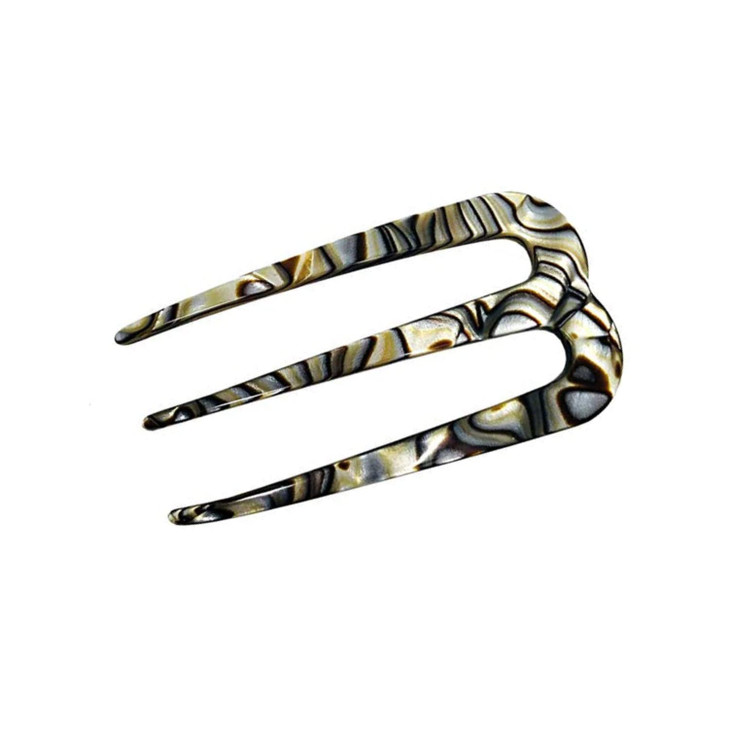 French Amie Tri Prongs Onyx Silver Grey 3 Handmade Cellulose Acetate Bun Holder Chignon Hair Pin Stick