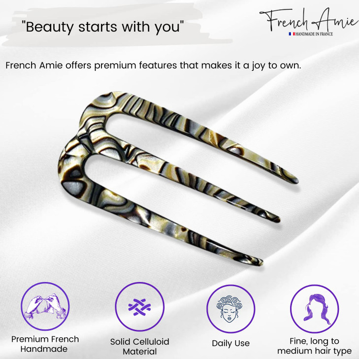 French Amie Tri Prongs Onyx Silver Grey 3 Handmade Cellulose Acetate Bun Holder Chignon Hair Pin Stick