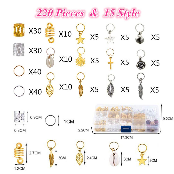 220Piece Braiding Hair Rings 15 Styles Jewelry for Braids Clips Pendants Headbands Accessories