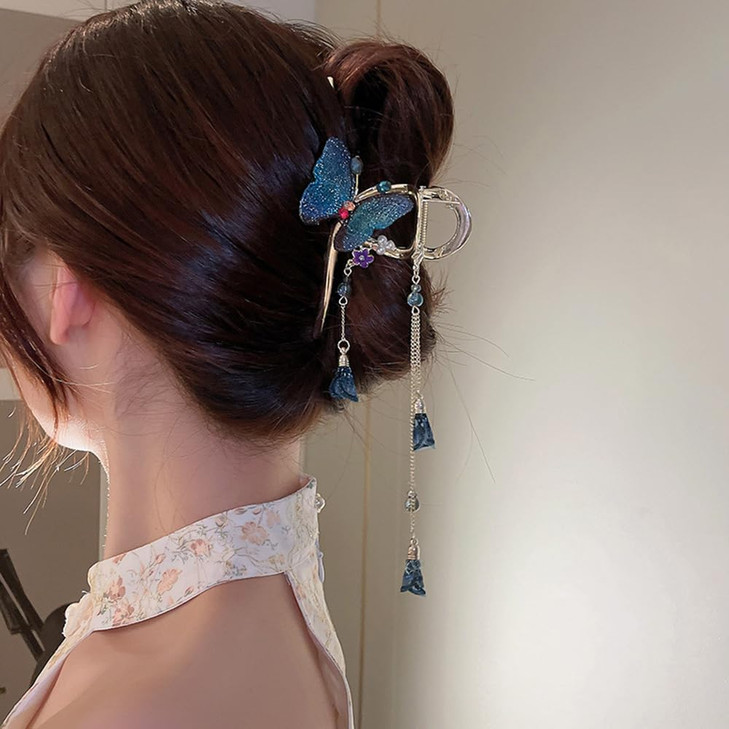 Jumwrit Big Gold Metal Hair Claw Clip Boho Butterfly Hair Jaw Clip Strong Hold Rhinestone Long Tassel Hair Clamp Shiny C