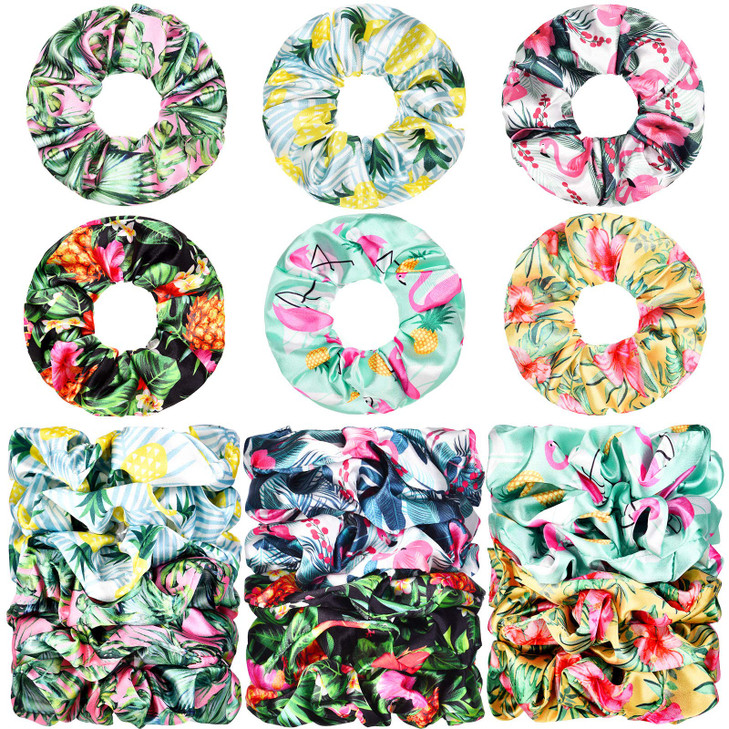 WILLBOND 18 Pcs Tropical Scrunchies for Women Summer Satin Floral Hair Scrunchies Bulk Hawaiian Elastic Ponytail Holders