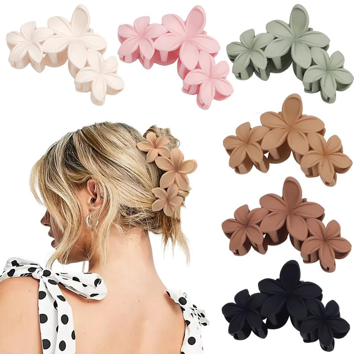 Ahoney 6PCS Flower Hair Clips for Women Strong Hold Nonslip Big Flower Claw Clip for Thick Hair Hawaiian Hibiscus Cute H