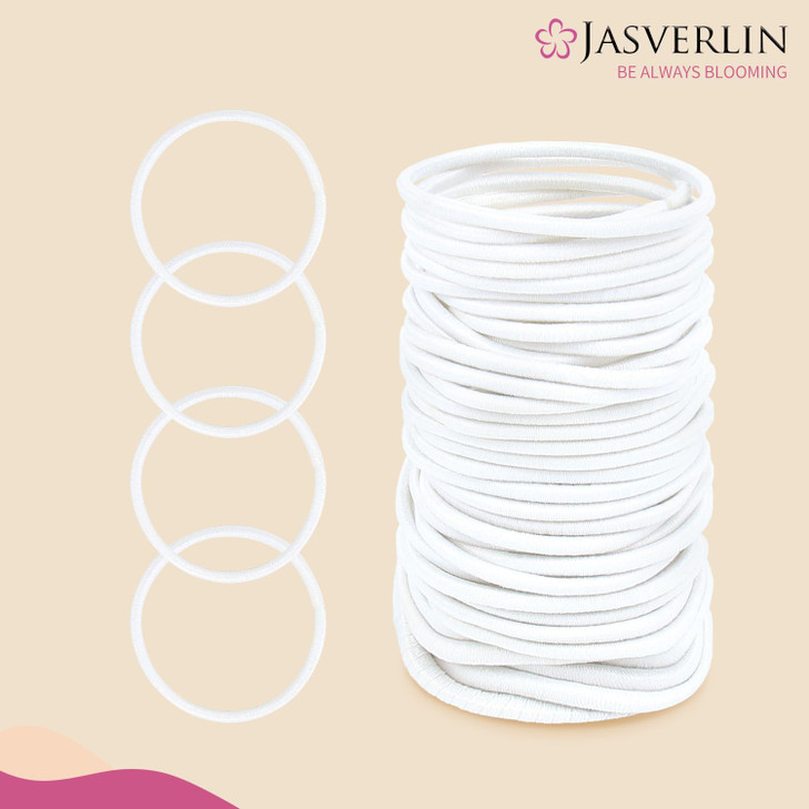 JASVERLIN 2mm White Hair Elastics Ties Thin Ponytail Holders for Women Girls Kids No Pull No Damage Slip Rubber Bands Fi