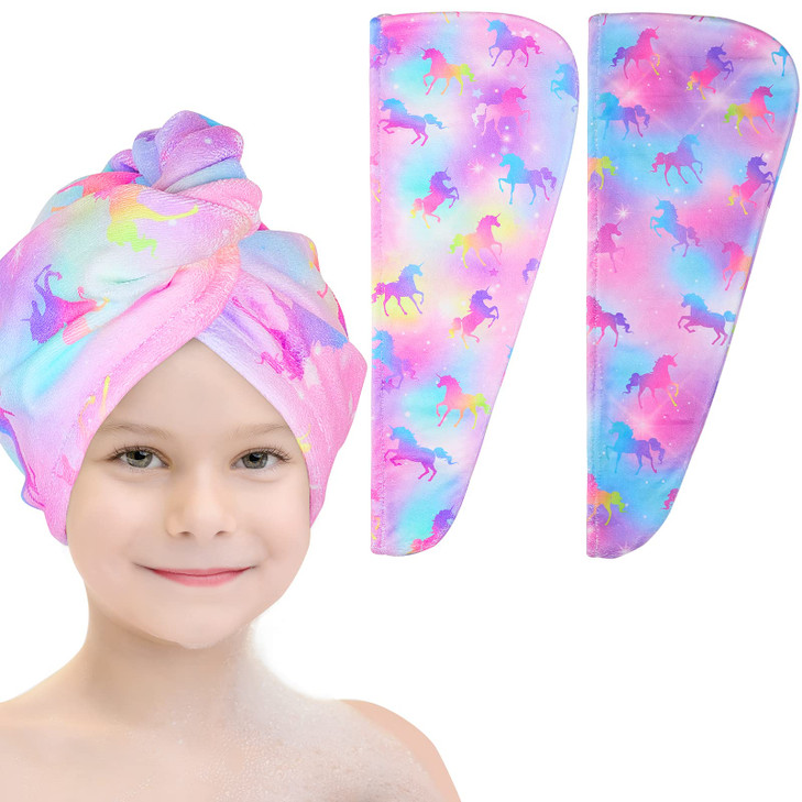 Basumee Microfiber Hair Towel Wrap for Kids 2 Pack Rapid Drying Hair Towel with Button Hair Turbans for Wet Hair Wraps H