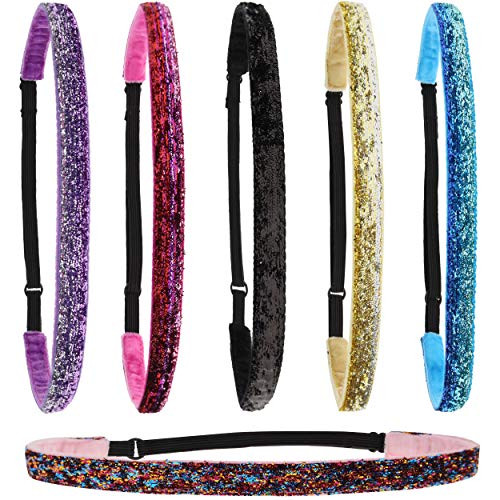 FROG SAC 6 Glitter Headbands for Girls Adjustable Non Slip Thin Elastic Hair Bands for Kids Stretch Heart Zig Zag Girl H