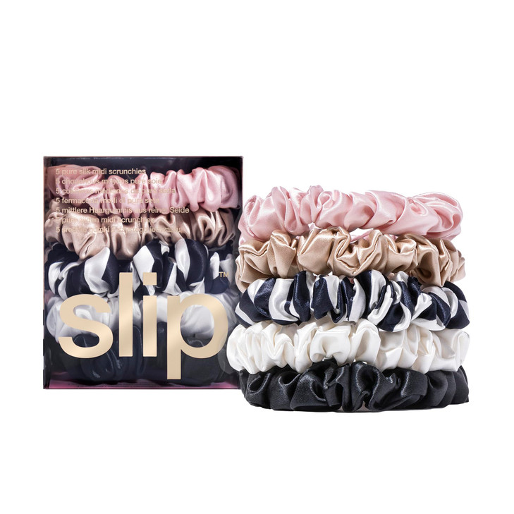 slip Midi Scrunchie Original Mix Set of 5 Pure Silk Scrunchies in Pink Caramel Navy Stripe White Black 100 Mulberry Silk