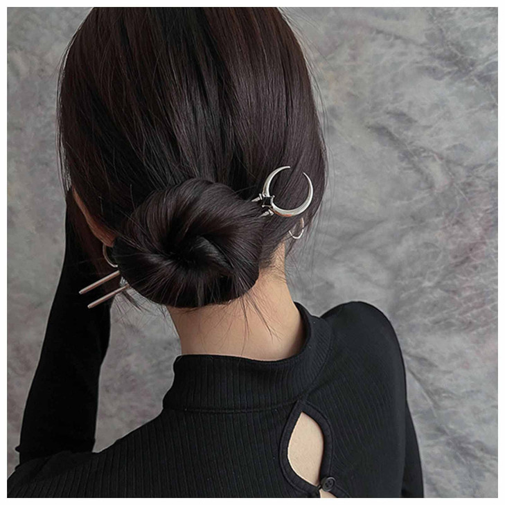 Yheakne Vintage U Shape Hair Stick Pins Moon Hair Fork Metal Long Hair Pin Silver Minimalist Hair Bun Holder Stick Frenc