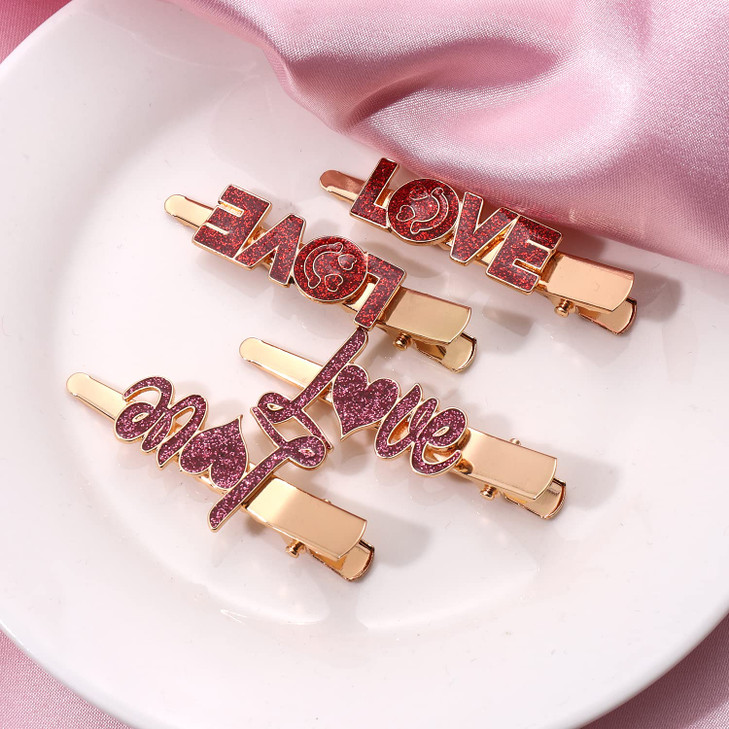 Glitter Valentines Day Hair Clips Rhinestone Love Letter Hairpins for Women Girls Sweet Romantic Cupid Heart Alligator C