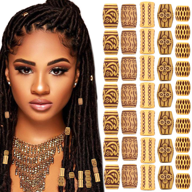 VENOFEN 50PCS Wood Beads for Hair Imitation Wooden Loc Bead Dreadlock Jewelry Mixed Style Braid Accessories for Women an