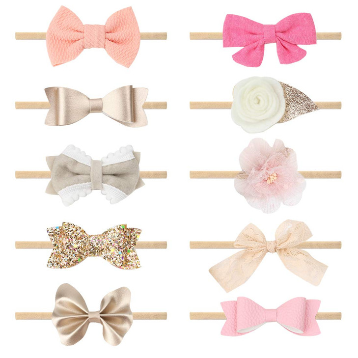 Subesty 10 PCS Baby Girl Headbands and Bows Soft Elastic Nylon Hairbands Handmade Newborn Head Bands Hair Accessories fo