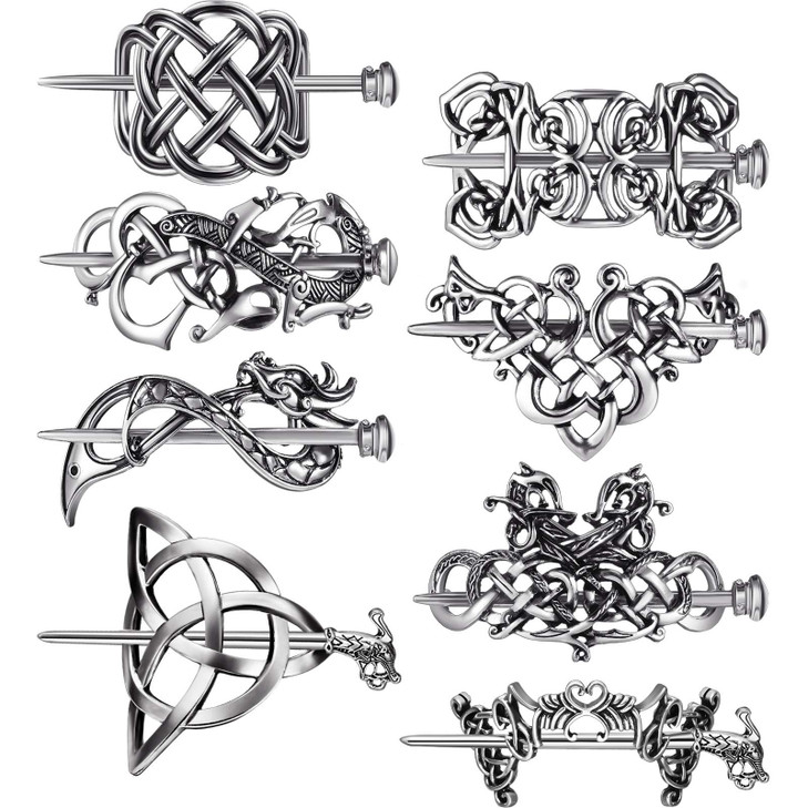 WILLBOND 8 Pcs Viking Celtic Hair Clips Vintage Celtic Knot Hair Slide Sticks Retro Silver Alloy Barrette Hairpins Vikin
