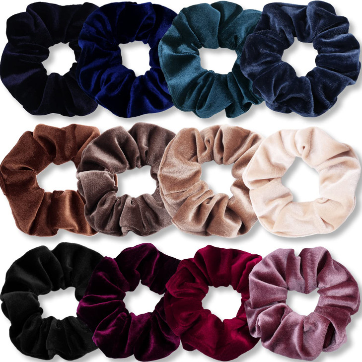 IVARYSS Velvet Scrunchies for Women 12 Pcs Dark Colors Classic Elastic Thick Scrunchy Bands Ties Soft Ropes Ponytail Hol