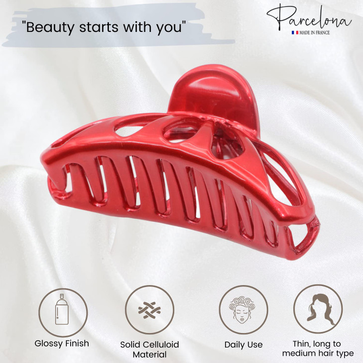 Parcelona French Raindrop Small 275 Hair Claw Clip for Women Girls Cellulose Acetate Glossy Red NonSlip Grip Made in Fra