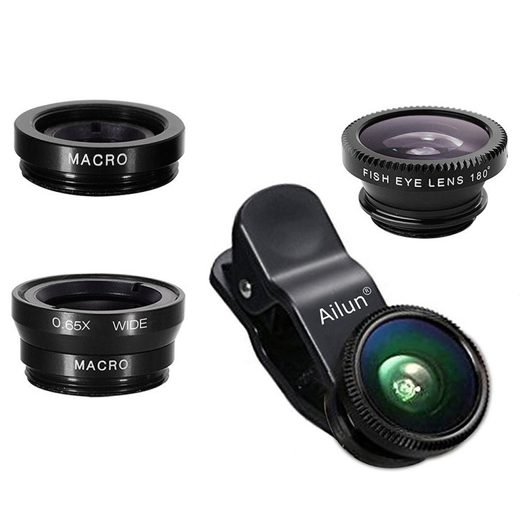 Phone Lens,by Ailun,3 in 1 Clip on 180 Degree Fish Eye Lens+0.65X Wide Angle+10X Macro Lens,Universal HD Camera Lens Kit for Mobile Phone,Cellphone,S