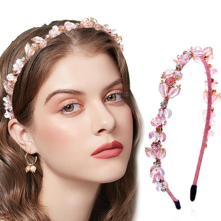 Coridy Pink Rhinestones Headbands for Women Crystal Beaded Hairbands Baroque Thin Hair Hoops Bejeweled Headband for Wome